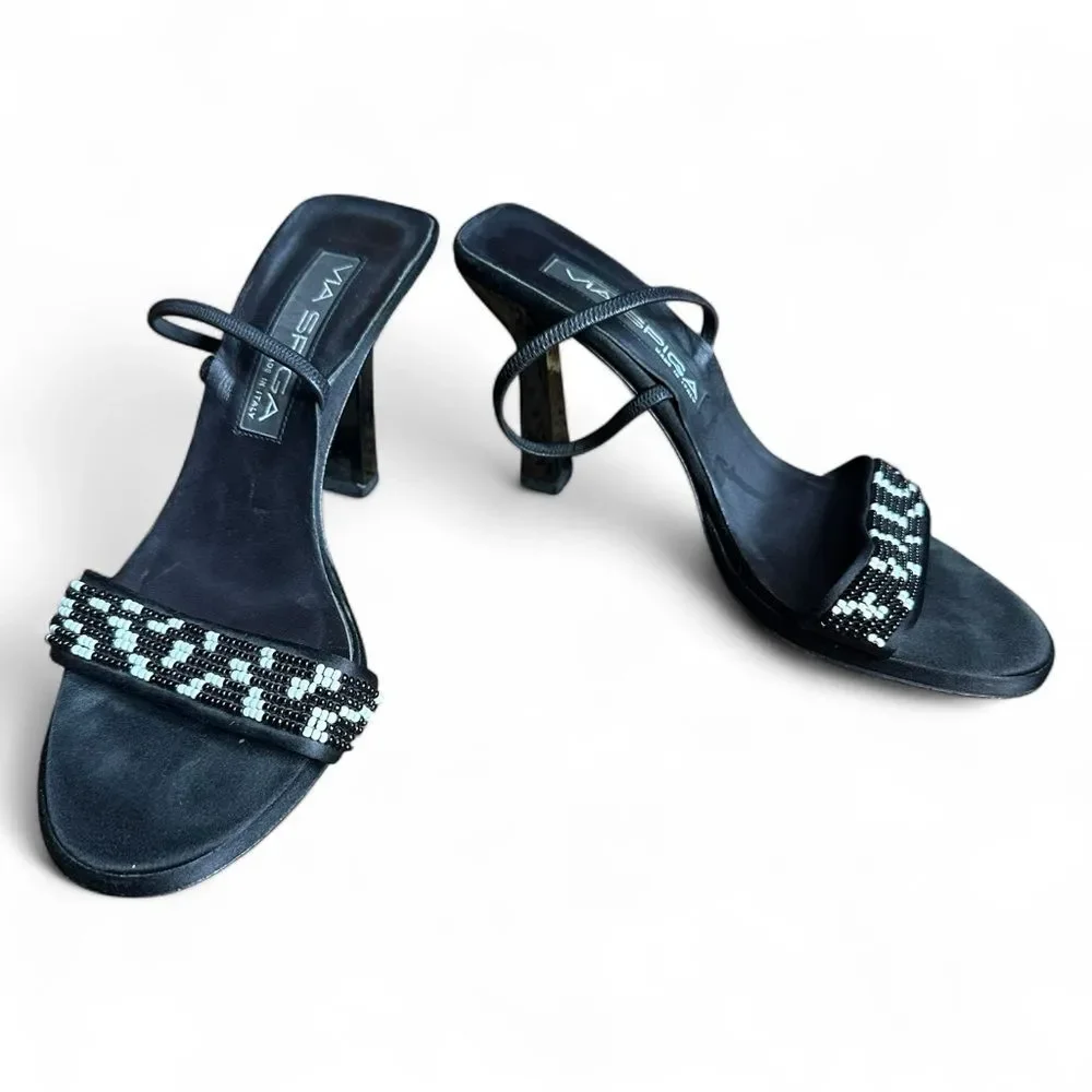 Via Spiga Black Beaded Slingback Heels 7.5M Open Toe Evening Sandals Italy